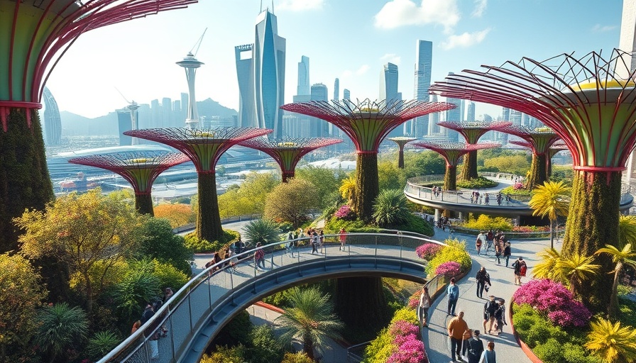 Futuristic garden showcasing sustainable travel trends.