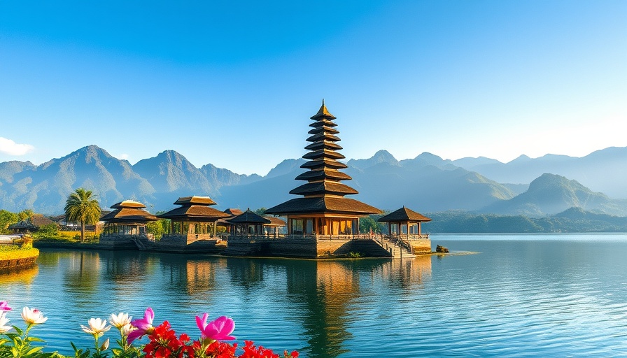 Travel on a budget Bali: lakeside temple with mountains.