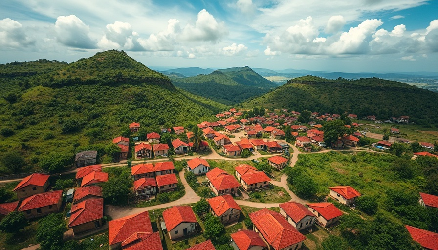 Aerial view of Nigerian town with red roofs and green hills.