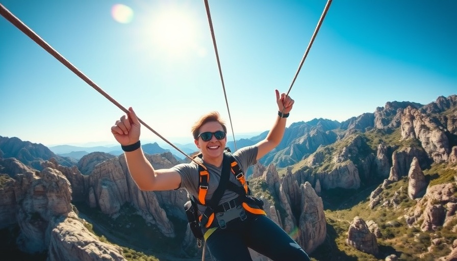 Adventure seeker ziplining in Ras Al Khaimah's mountains under a clear blue sky.
