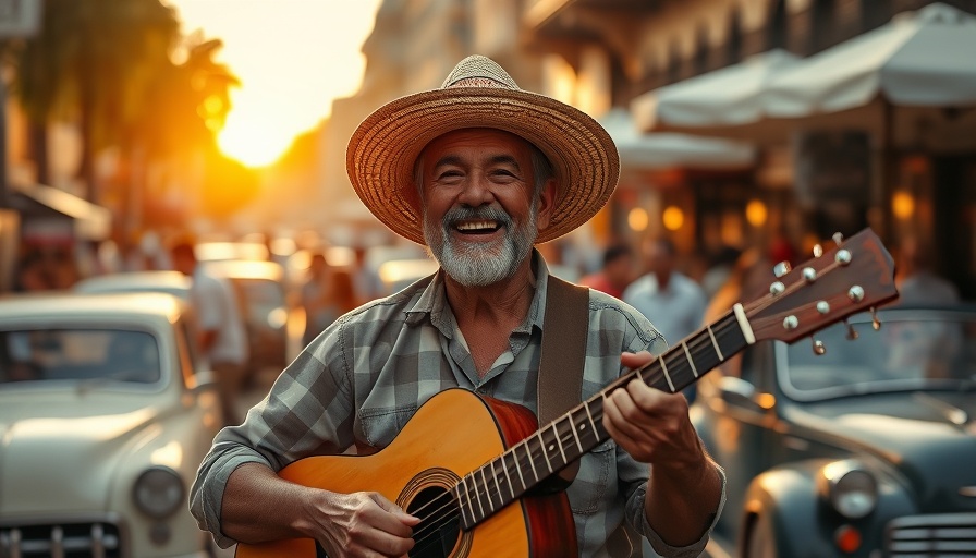 Street musician playing guitar at a travel destination during sunset.