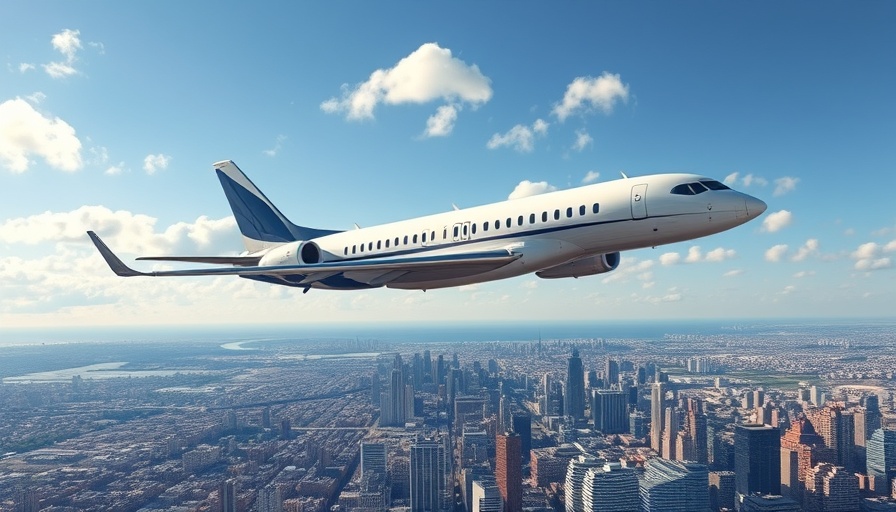 Avelo PLUS Membership airplane flying over city skyline.