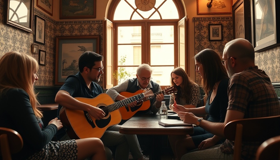 Exclusive travel experiences: cultural session in European cafe, group learning guitar.