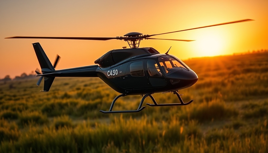 Helicopter hovering at sunset in travel news setting.