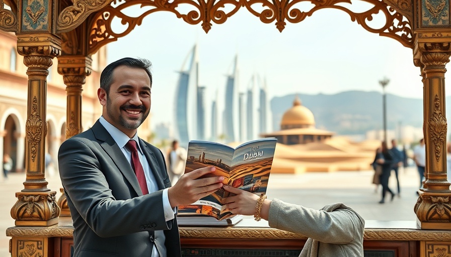 Travel agent offers Dubai brochure in European plaza, how to choose travel destination.