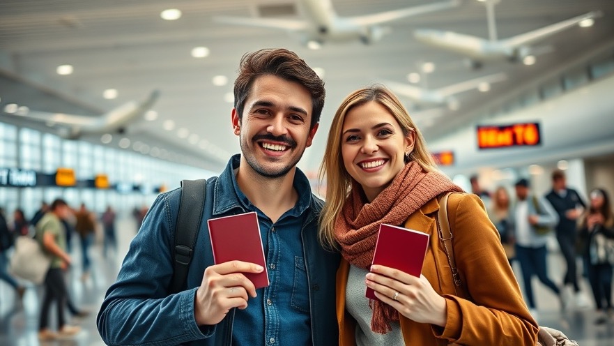 Happy couple at the airport excited for their family travel perks with budget-friendly flights.