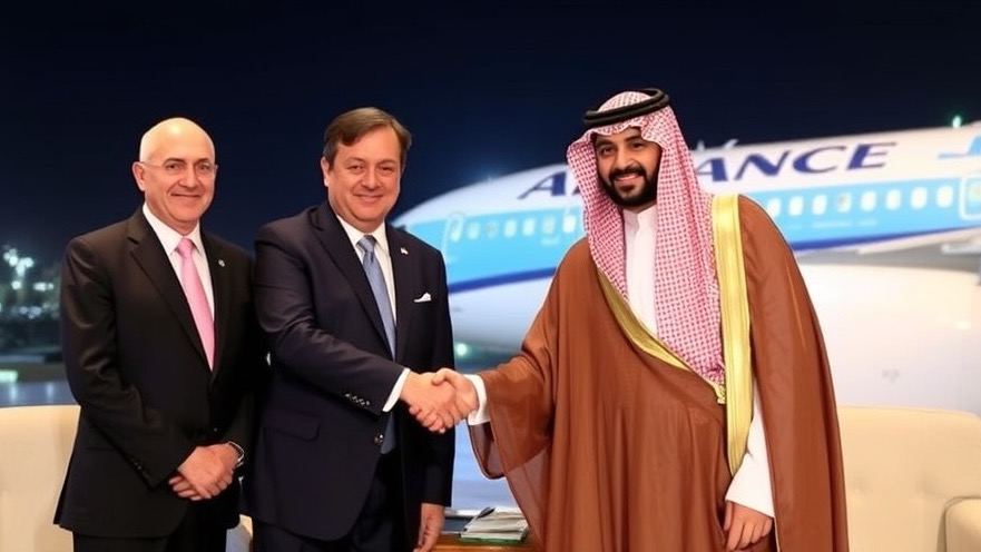 Riyadh Air and Air France-KLM executives shake hands, symbolizing airline partnerships.