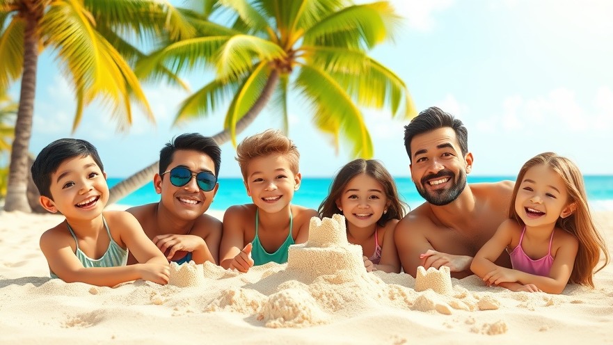 Happy family travel adventures at a tropical beach, building sandcastles in paradise.