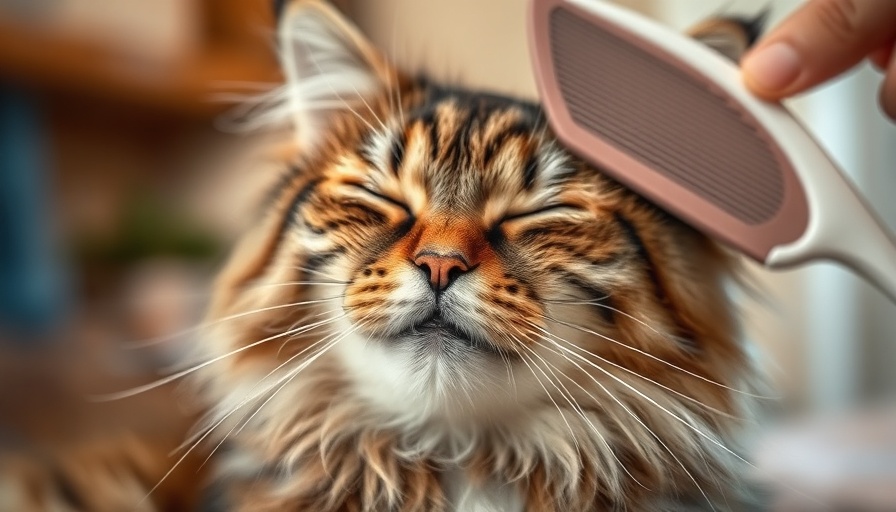 Tabby cat enjoying grooming with a flea comb indoors.