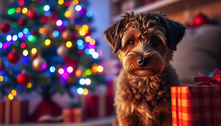 Curious curly-haired dog with Christmas tree and gifts, perfect for holiday gift ideas for pups and their humans.
