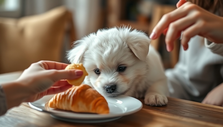 Fluffy white puppy curious about human food with croissants.