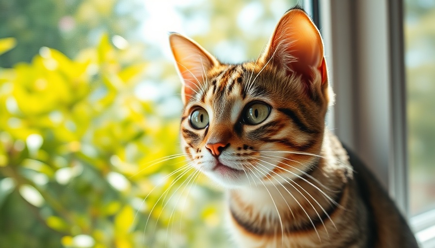 Tabby cat looking through window screen on a sunny day.