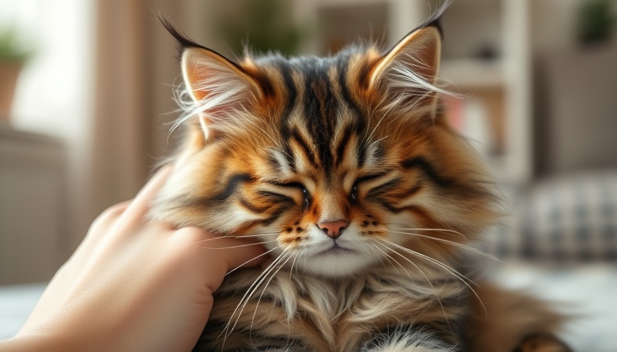 Fluffy tabby cat being petted, showing possible symptoms of cat bloat.