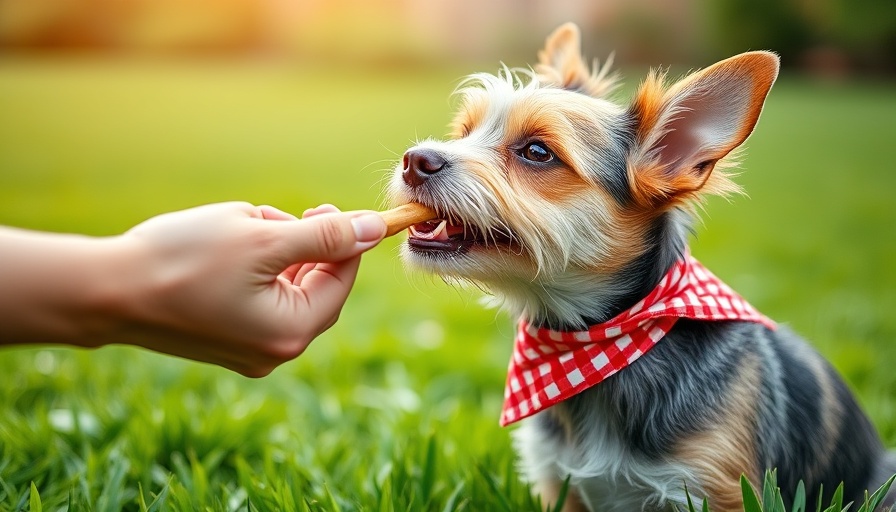 Dog with red bandana receives treat; best treats for dogs with sensitive stomachs.