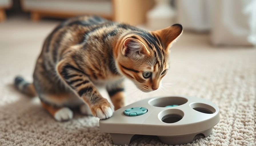 Tabby cat playing with brain game feeder on carpet.