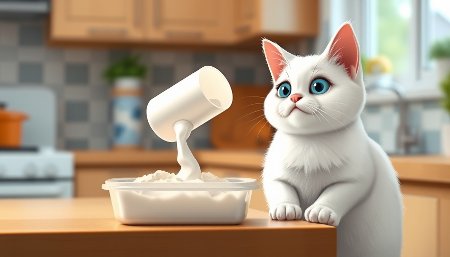 Curious white cat with tofu cat litter in blue bowl, amusing thought bubble.