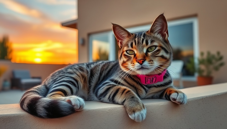 Relaxed tabby cat enjoying sunset on patio, enhancing veterinarians and pet techs.