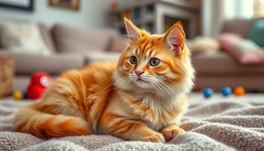 Fluffy orange cat Garbanzo looking attentive on a cozy blanket.