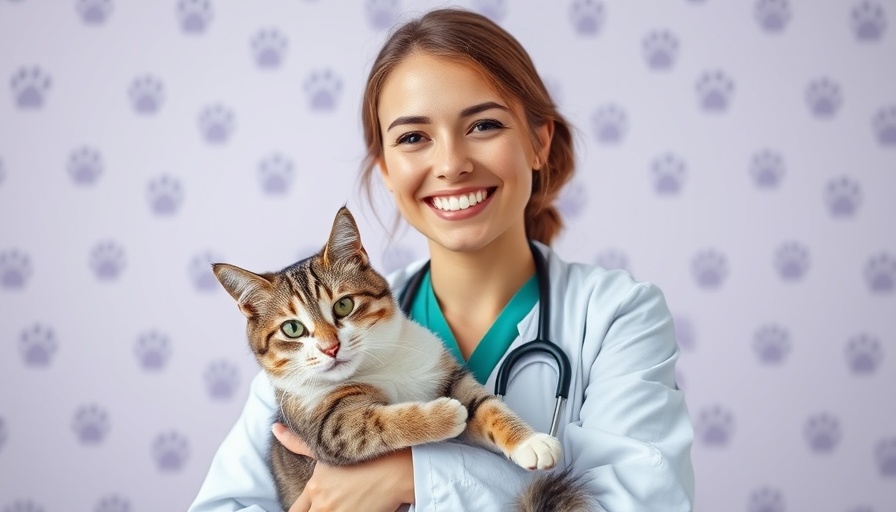 Friendly veterinarian holding a cat, smiling at camera