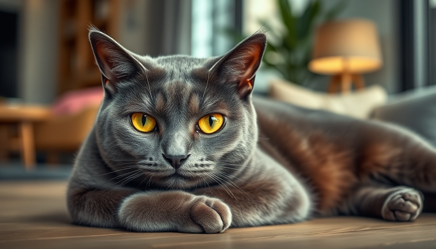 Sleek gray cat with yellow eyes lounging indoors, unique gray cat name ideas.