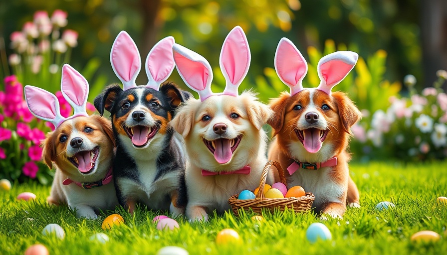 Dogs with bunny ears celebrating Easter in a garden