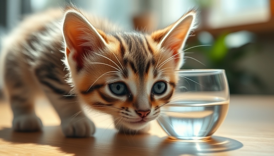 Curious kitten drinking from a glass of water on a table.