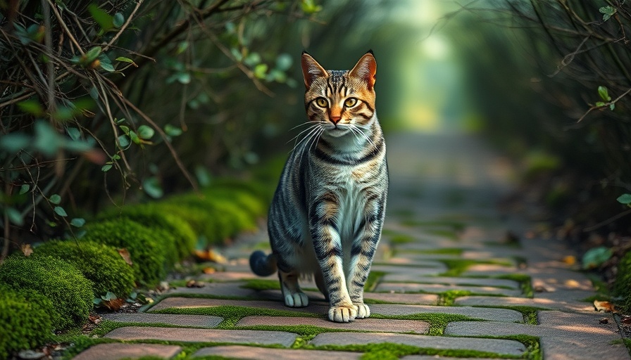 Pregnant tabby cat on a brick path, looking alert. Pregnant cat diet guide.
