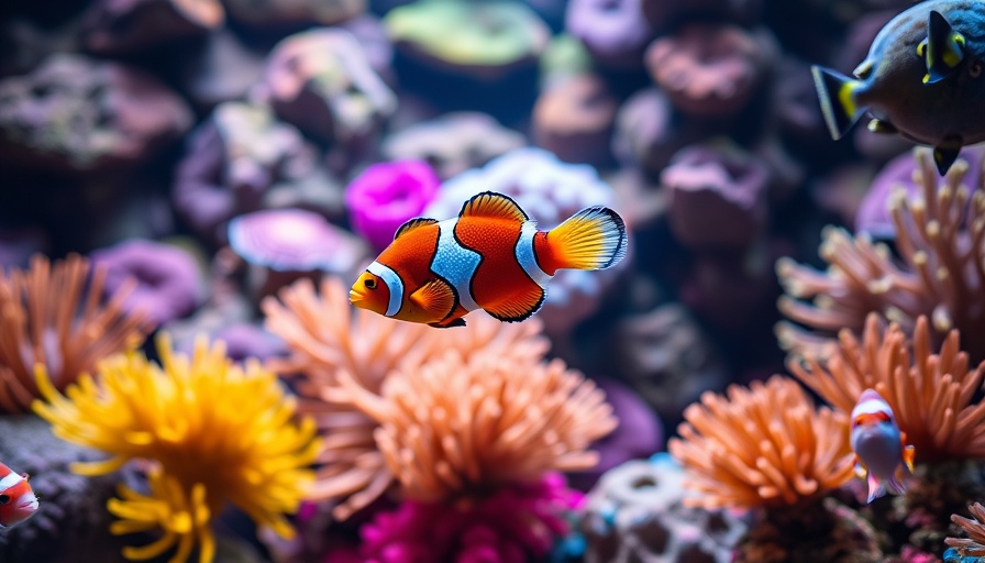 Vibrant aquarium scene, clownfish and coral, reduce nitrates in your aquarium.