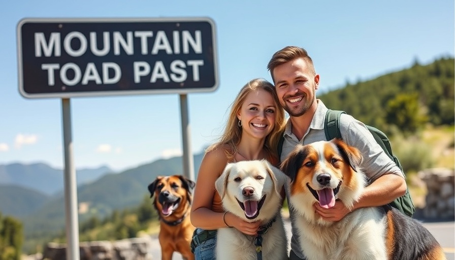 Travelers with dogs at scenic mountain pass in pet friendly travel industry