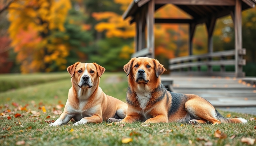Pet friendly autumn scenery with dogs near a New England bridge.