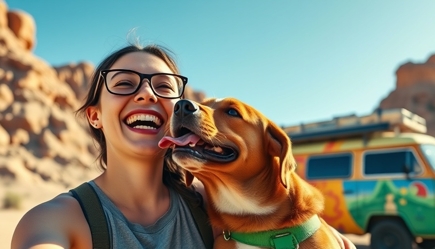 Joyful woman with dog by colorful van in desert, renting an adventure van with pets.