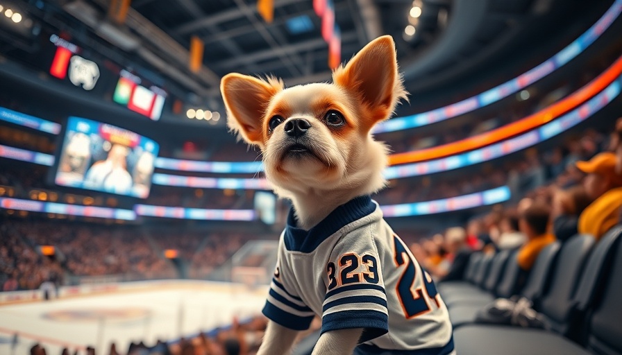Dog in hockey jersey at a dog friendly hockey game.