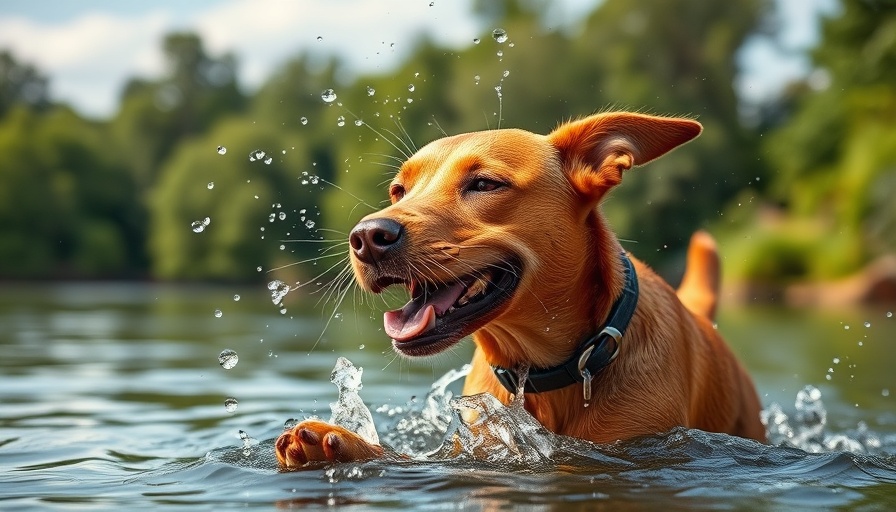 Dog enjoying Fiesta Island shaking off water near the lake.