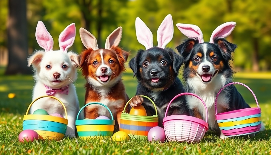 Adorable dogs with bunny ears and colorful Easter baskets in park.