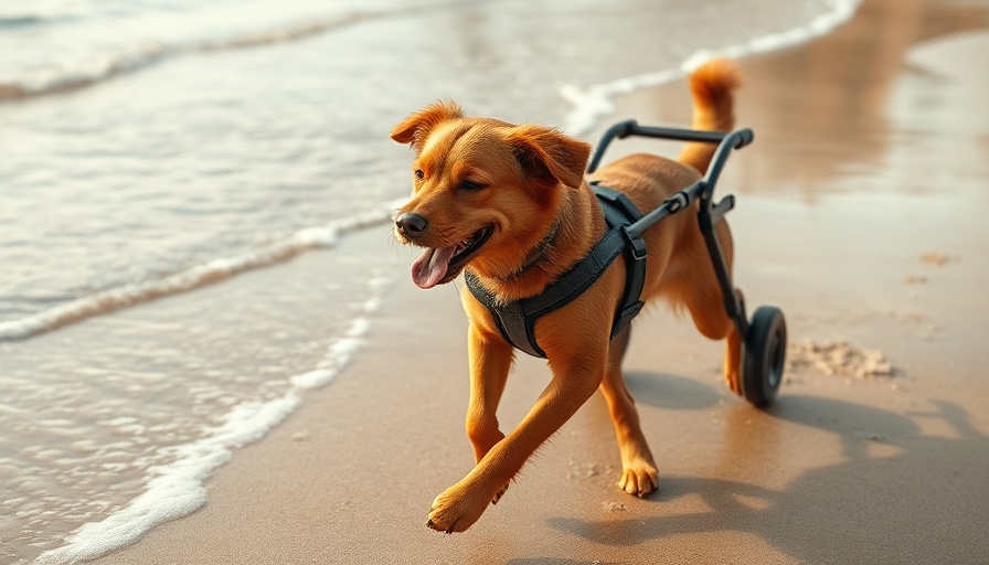 Brown dog in wheelchair by beach symbolizing resilience.