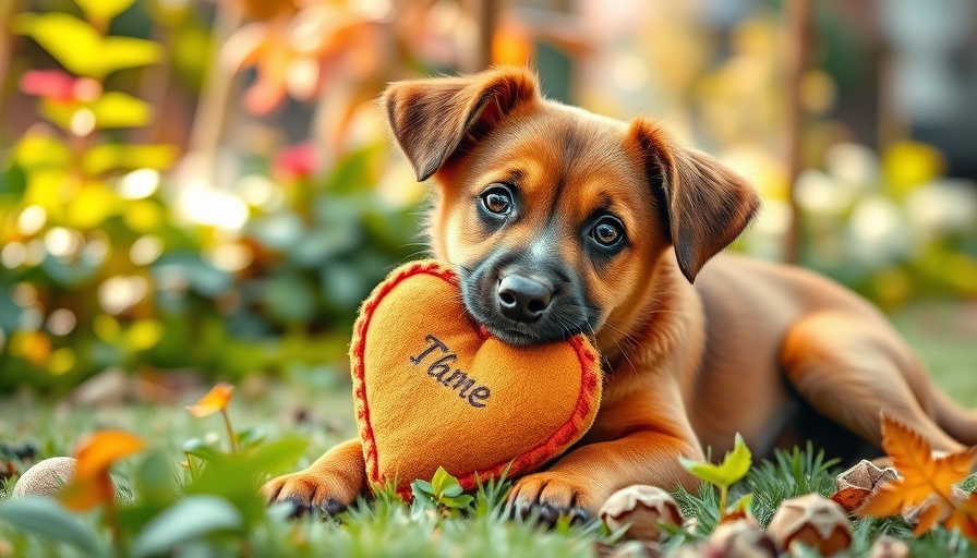 Dog with heart toy in garden setting, celebrating Valentine's Day.