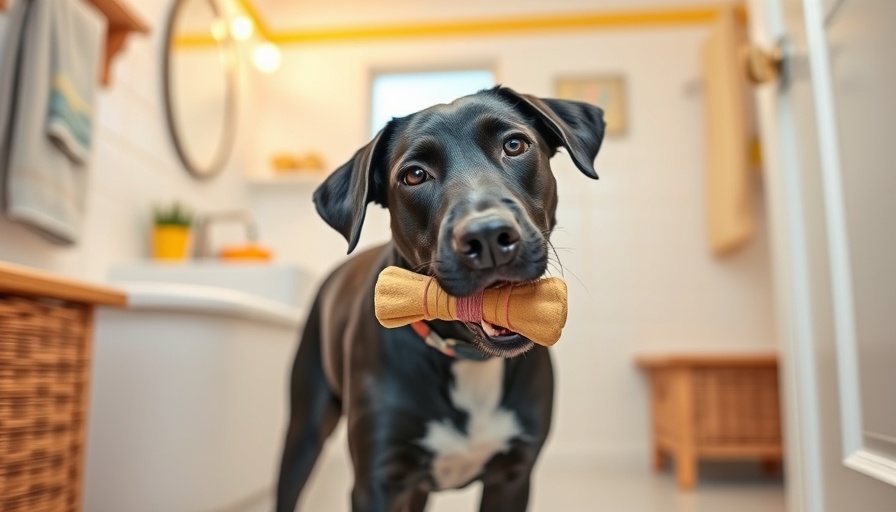 Black dog in bathroom with chew toy for pet health tips for 2025.