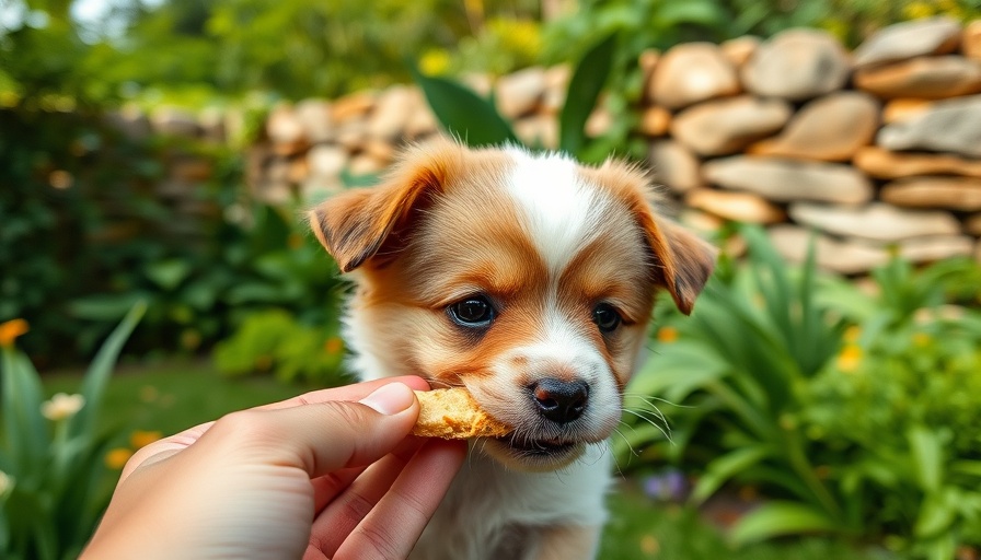 Puppy enjoying treat in garden to aid skin and coat health