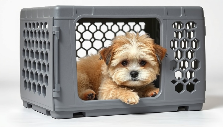 Fluffy dog in a gray crate showing new puppy essentials.