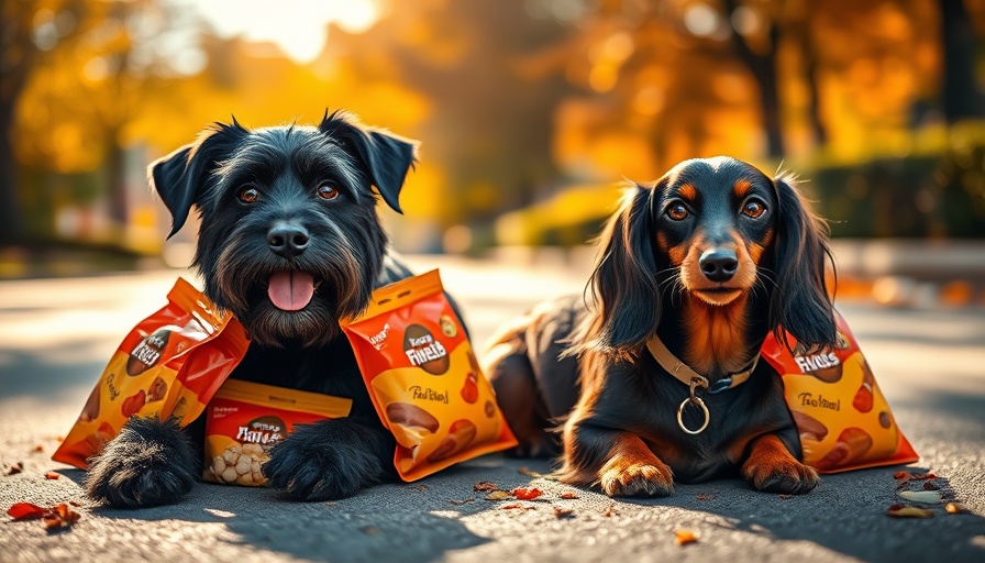 Dogs displaying pet gifts for dogs and cats on a sunny path.