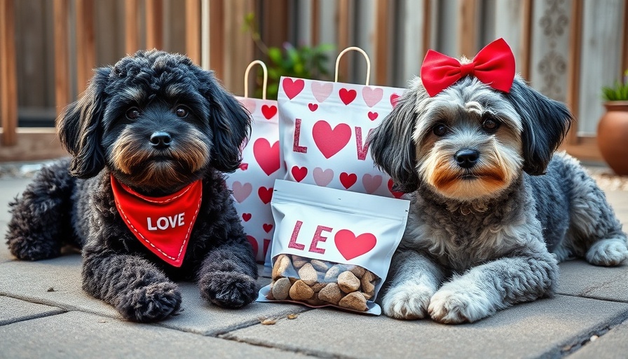 Curly-coated dogs with Valentine's treats backyard scene.
