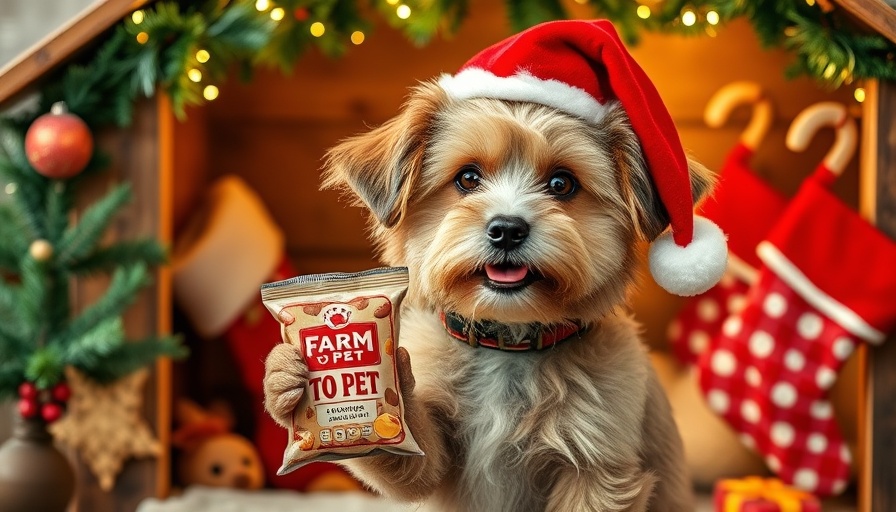 Cute furry holiday dog with Farm to Pet treats in wooden doghouse.