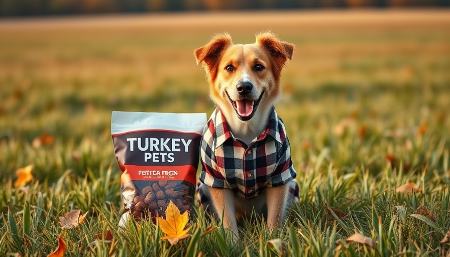 Dog in a plaid shirt with Healthy Turkey Treats for Pets in a field.