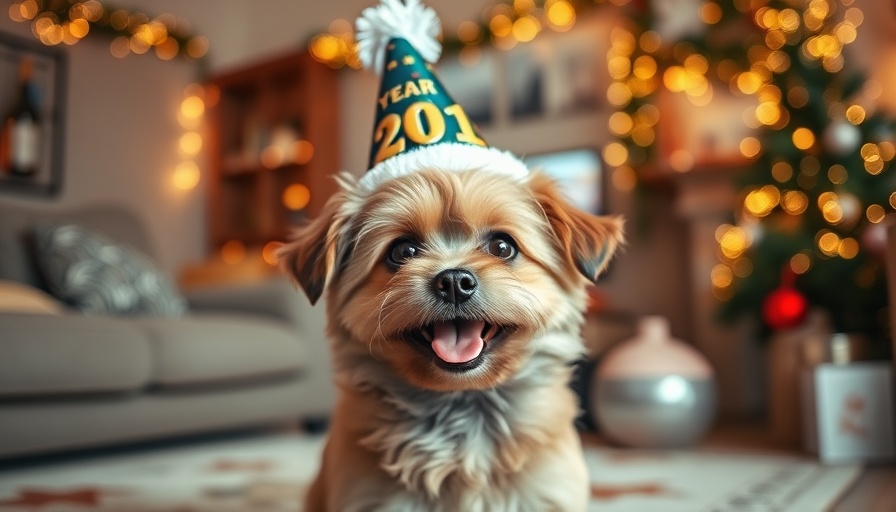 Pet-friendly New Year's Eve celebration with a small dog in a party hat indoors.