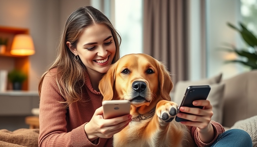 Young woman with dog using smartphone, emphasizing AI in pet care.