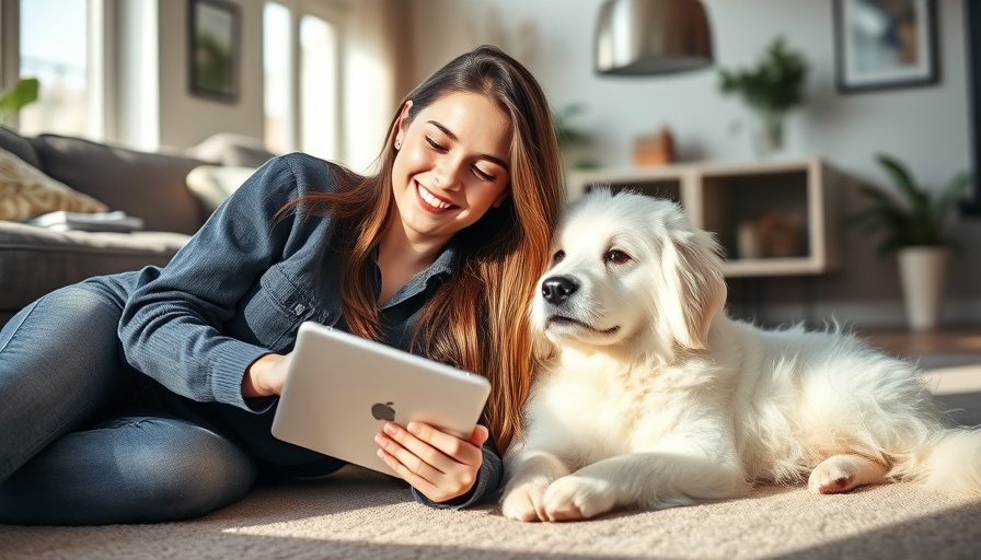 Young woman and dog using tablet, illustrating AI in veterinary medicine.