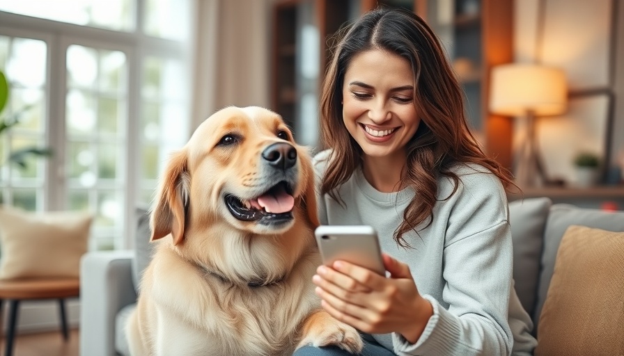 Friendly woman with dog using a phone for affordable pet care solutions.