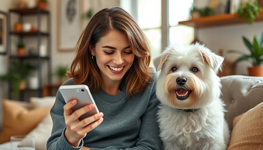 Woman and dog using smartphone for affordable pet care advice