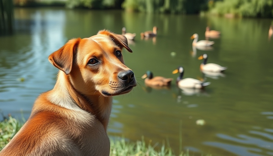 Curious dog watching ducks in a pond, bird flu in dogs symptoms