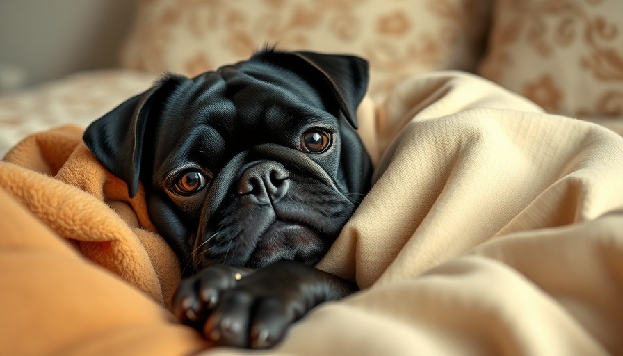 Winning black pug from Dogs of the Week, wrapped in blankets.